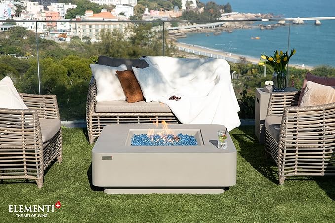 Elementi+ | Bundle Lucerne Gas Fire Pit Cast Concrete 42" Square Fire Table, Outdoor Fire Pit Electronic Ignition | Canvas Cover, Fire Glass and Burner Lid Included | Light Gray | Propane Gas