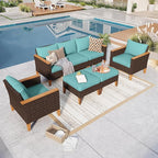 GREEN PARTY 7 Pieces Wicker Patio Furniture Set, All-Weather Outdoor Rattan Patio Sectional Sofa Conversation Set 7 Seats with 4" Thick Cushions for Garden, Backyard, 2 x Ottomans (Blue)