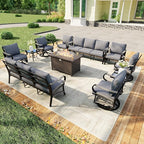 11 Pieces Patio Conversation Sets, All Weather Metal Outdoor Furniture Set, 2 Three-Seater, 4 Swivel Rockers, 2 Single Chairs, 2 Side Tables, 1 Fire Pit Table for Backyard Deck Porch Poolside, Gray