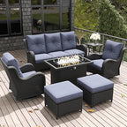 LayinSun 7 Pieces Outdoor Patio Furniture Set with Fire Pit Table, Rattan Wicker Sectional Swivel Rocker Chairs Sets with Ottomans, Swivel Glider Chairs and Coffee Table