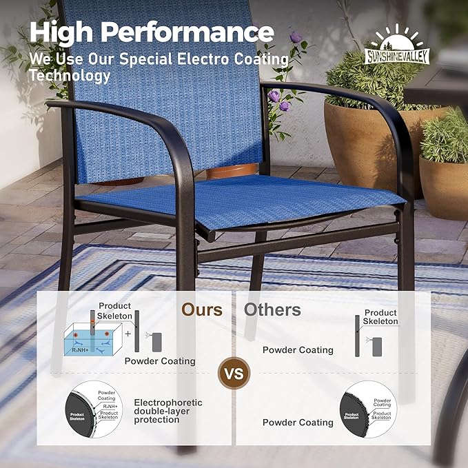 Patio Dining Set for 6, Rectangular Wood-Like Metal Table with Umbrella Hole and 6 Dining Chairs, Outdoor Table and Chairs for Lawn Garden Backyard and Deck,Blue