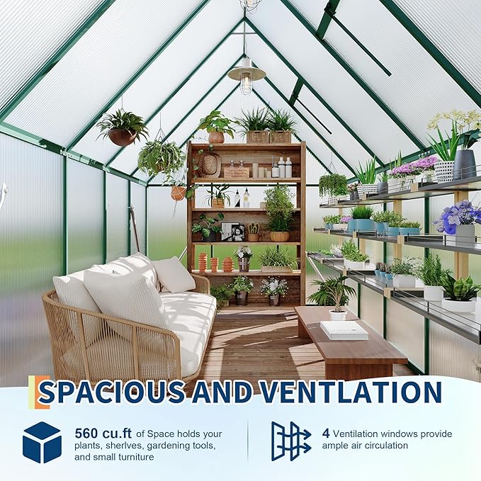 6'X9' Aluminum-Framed Polycarbonate Greenhouse, Heavy Duty Polycarbonate Greenhouse with Quick Setup Structure and Roof Vent, Large Enhanced Aluminum Greenhouses Kit for Outdoors