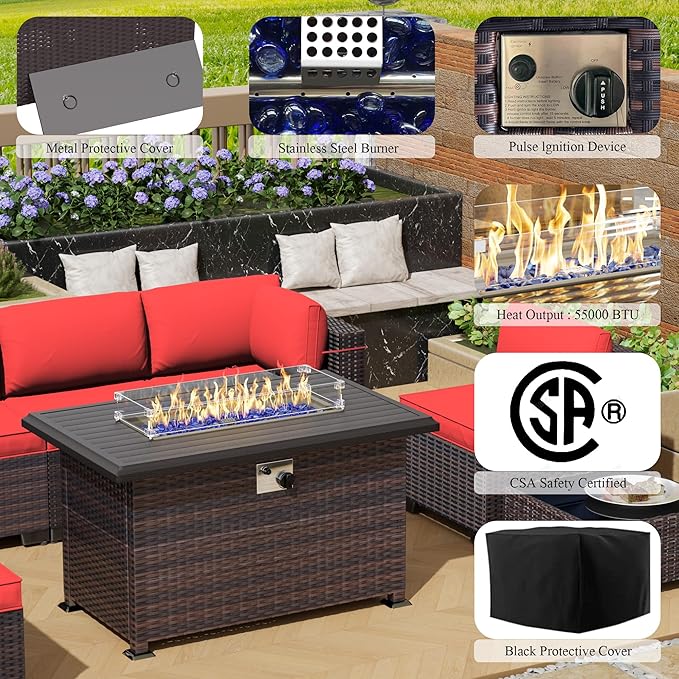 Outdoor Patio Furniture Sets with Propane Fire Pit Table, 10 Pieces Outdoor Furniture Patio Sectional Sofa Conversation Sets w/ETL Approved 43" Gas Outdoor Fire Table & Coffee Table (Red)