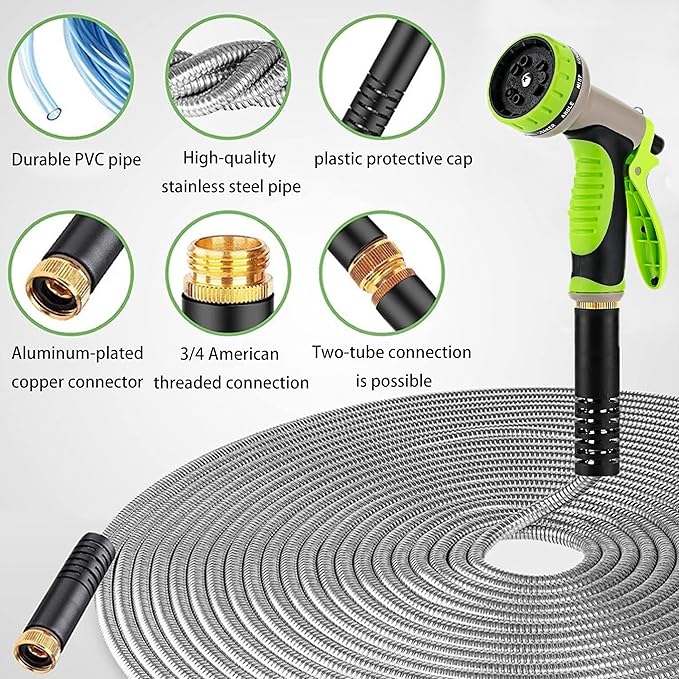 Stainless Steel Garden Hose 75FT with 10 Functione Nozzle, No Kink, Leak-Proof, Lightweight and Flexible Metal Garden Hose for Lawn, Car, RV, Outdoor Watering, Pet Bathing