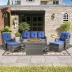 Wicker Outdoor Conversation Se with 50,000 BTU Gas Propane Fire Pit Tablet-6 Pieces Outdoor Wicker High Back Couch Patio Furniture for Deck Poolside Backyard