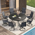 VICLLAX Patio Dining Set for 8, 9 Pieces Outdoor Furniture Includes 60" Round Patio Table with Umbrella Hole and 8 Outdoor Swivel Chairs for Lawn Garden, Black Tabletop and Dark Grey Fabric