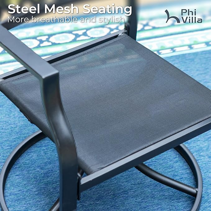 PHI VILLA Outdoor Metal Swivel Chairs Set of 2 Patio Dining Chair with Cushion Furniture Set for Garden Backyard Bistro, Small Grid, Black