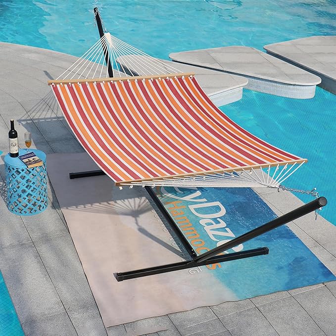 Lazy Daze Hammocks Quick Dry Hammock with Spreader Bar Textliene Fabric Double 2 Person Hammock with Chains Outdoor Patio Poolside Backyard Beach 450 lbs Capacity, Red Stripes