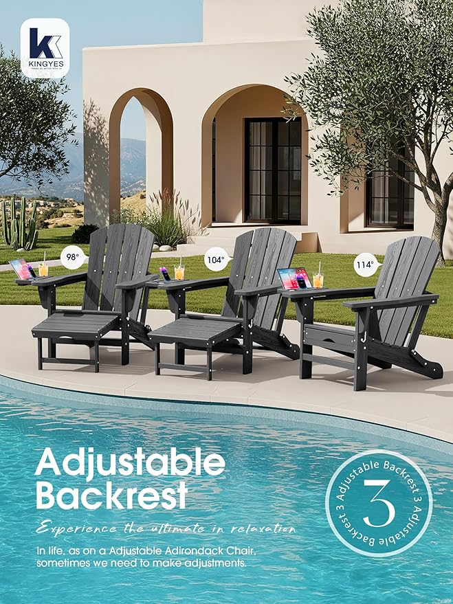 KINGYES Adjustable Folding Adirondack Chair with Footrest & 4-in-1 Multi-Functional Armrest Organizer Set of 4, HDPE Foldable Reclining Adirondack Chair with Pull-Out Ottoman, Grey