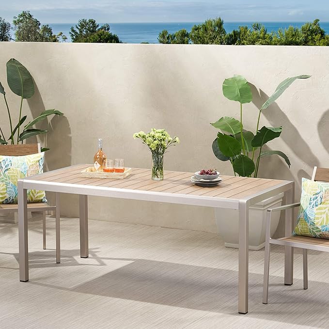Great Deal Furniture Hannah Outdoor Modern Aluminum Dining Table with Faux Wood Table Top, Natural and Silver
