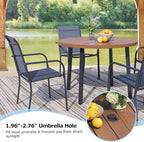 5 Pieces Round Dining Table Set for 4, Patio Dining Set Includes 4 Dark Blue Stackable Patio Chairs and 1 Walnut Round Table, Patio Furniture Sets with Sling Support for Outside, Garden