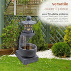 Alpine Corporation DIG370 31" Outdoor Zen Pagoda Water Fountain with LED Lights & Illuminated Stone Bowl – Tranquil Garden Water Feature for Relaxation and Ambiance, Gray