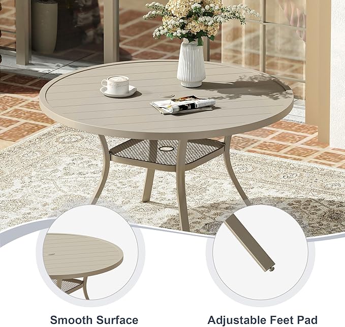 VICLLAX 47.2" Outdoor Round Patio Dining Table for 4-6, All Weather Metal Dining Table with Umbrella Hole for Deck Lawn Garden Backyard, Sandshell