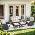 6 Piece Patio Furniture Set - Wicker Patio Conversation Set with Swivel Glider, Glider Loveseat, Tempered Glass Side Table and 2 Ottomans for Deck Backyard - Black Wicker Beige Cushion