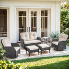 6 Piece Patio Furniture Set - Wicker Patio Conversation Set with Swivel Glider, Glider Loveseat, Tempered Glass Side Table and 2 Ottomans for Deck Backyard - Black Wicker Beige Cushion