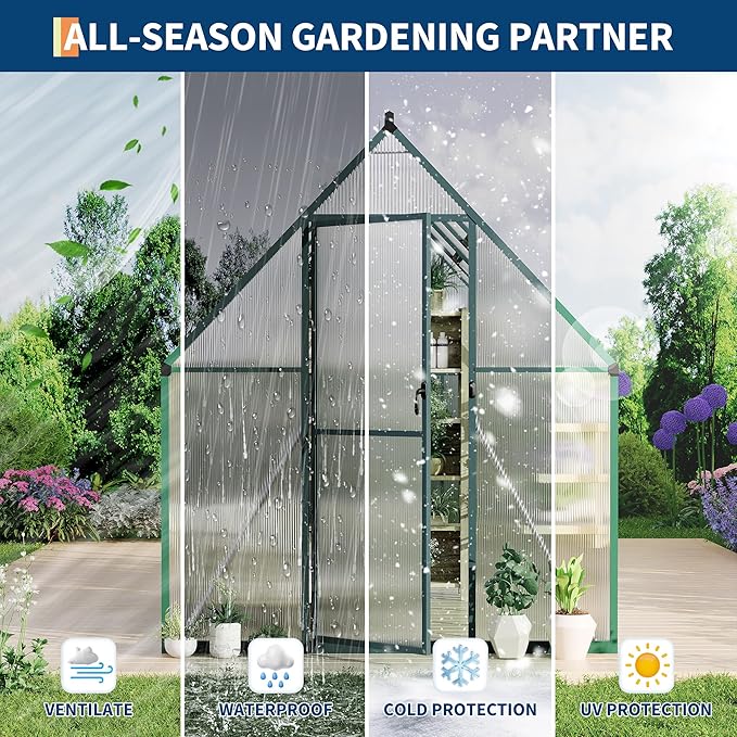 6'X9' Aluminum-Framed Polycarbonate Greenhouse, Heavy Duty Polycarbonate Greenhouse with Quick Setup Structure and Roof Vent, Large Enhanced Aluminum Greenhouses Kit for Outdoors