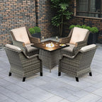 5-Piece Wicker Patio Furniture Set, 4 Armchairs and 1 Fire Pit, Conversation Set with Cushions, Beige