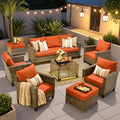 ovios 8 Pieces Patio Furniture Set Outdoor Sofa Couch with Solar Lights Table Comfy Cushions, Modern Deep Seat Wicker Rattan Conversation Set for Porch Deck, Orange Red