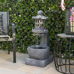 Alpine Corporation DIG370 31" Outdoor Zen Pagoda Water Fountain with LED Lights & Illuminated Stone Bowl – Tranquil Garden Water Feature for Relaxation and Ambiance, Gray
