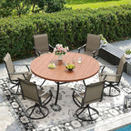 DIFY 7 Pieces Outdoor Patio Dining Set, 6 Brown Textilene Swivel Dining Chairs and 53" Walnut Round Metal Dining Table, Outdoor Table and Chairs