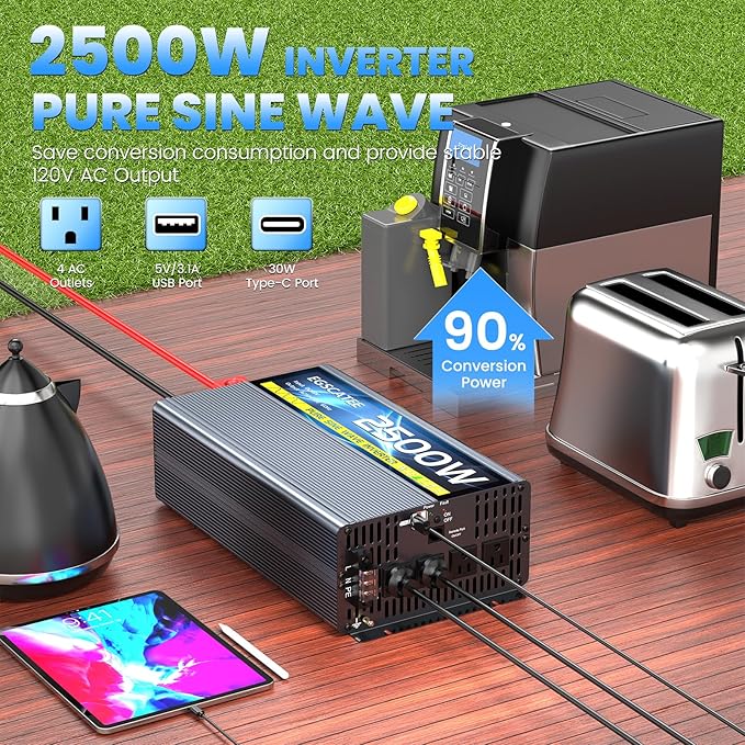 48V 2500W Pure Sine Wave Inverter 48V DC to 110V/120V AC Converter with 4AC Outlets, 5V/3.4A USB, Remote Control with on-Screen Display, Off-Grid Solar Power Inverter for Truck, Home, Vehicles, RV