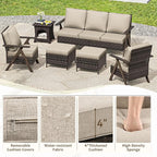 6 Piece Patio Furniture Set, Wicker Patio Conversation Set with Patio Chair and Outdoor 3-Seater Sofa and 2 Ottomans and Side Table for Deck Yard and Poolside
