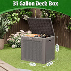 31 Gallon Outdoor Storage Deck Box Waterproof,Garden Tool,Backyard Cushion,Poolside Storage,Small Delivery Boxes for Outside,Lockable Lid,Rattan Grey