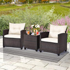 ORALNER 3 Pieces Patio Furniture Set, Outdoor Wicker Conversation Set Rattan Chairs with Cushions, Glass Coffee Table, Bistro Set for Front Porch Balcony Garden Deck Poolside (White)