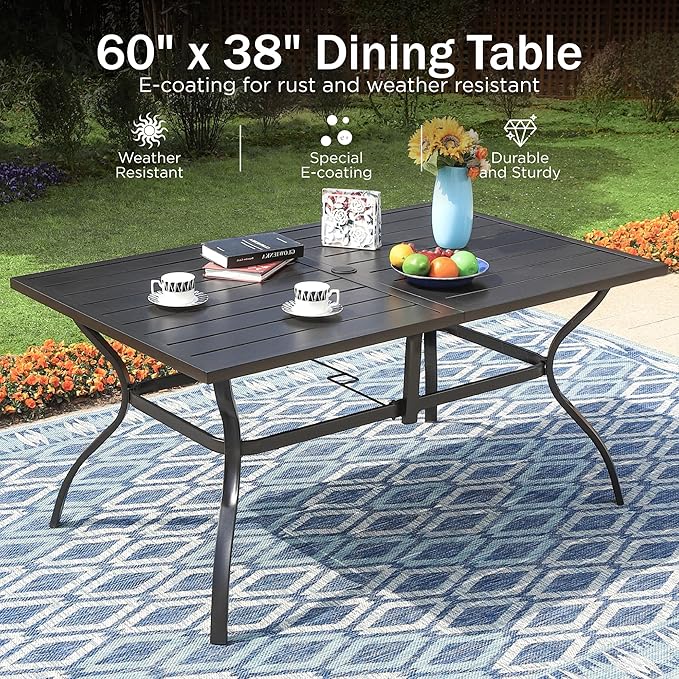PHI VILLA 8 Piece Patio Dining Set with 13ft Double-Sided Patio Umbrella,Metal Outdoor Table Furniture Set with 6 Outdoor Stackable Chairs, 1 Rectangle Dining Table and 1 Large Umbrella