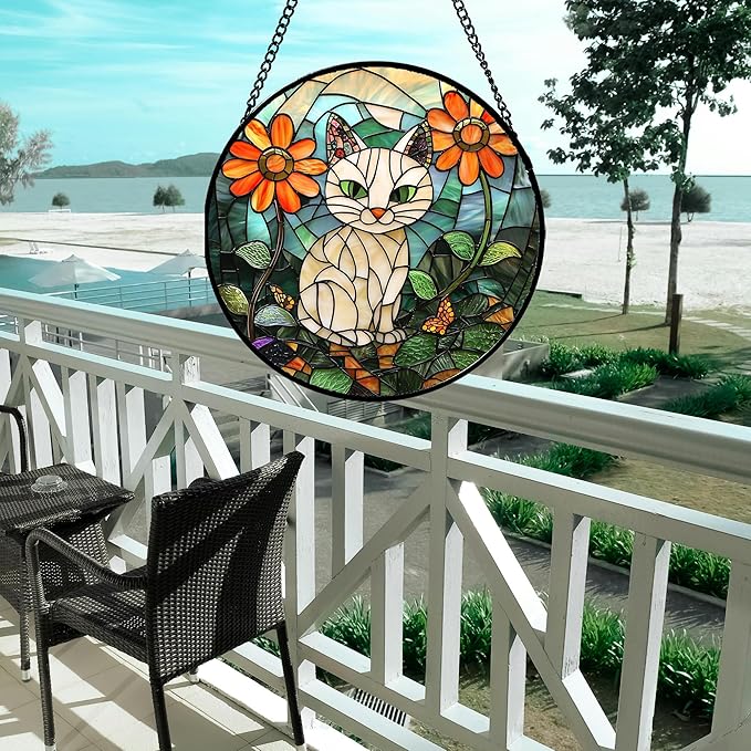 Stained Glass Window Hanging - White Cat Green Plants Orange Flowers Sun Catcher for Door Garden Home Decor Suncatcher Christmas Mother's Day Birthday Gifts for Women Men Mom Nana 9.8 in