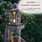 Alpine Corporation DIG370 31" Outdoor Zen Pagoda Water Fountain with LED Lights & Illuminated Stone Bowl – Tranquil Garden Water Feature for Relaxation and Ambiance, Gray