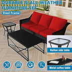 Vista Vibe 5 Pieces Outdoor Rattan Patio Conversation Furniture Set - 78" 3-Seat Sofa | 2 Swivel Glider Rocker Chairs | Wicker End Table | Metal Table, Upholstered Loveseat, Deck (Brown/Red)