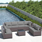 Outdoor Patio Furniture Set, 9 Pieces Outdoor Furniture All Weather Patio Sectional Sofa PE Wicker Modular Conversation Sets with Coffee Table,8 Chairs & Seat Clips(Grey)