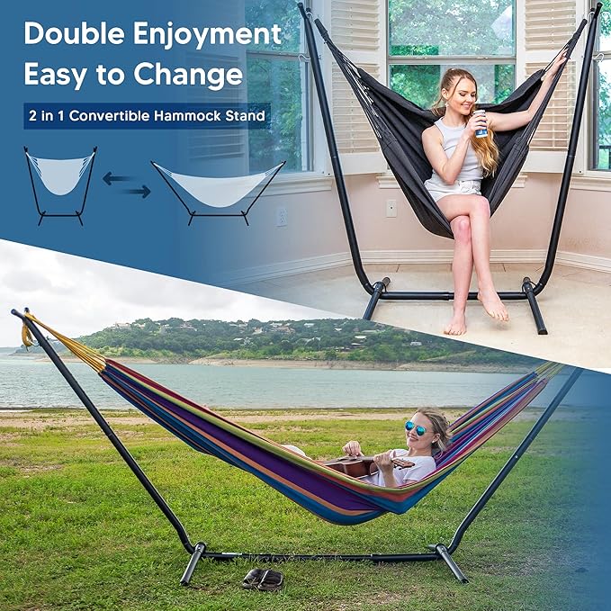 SUNCREAT 2-in-1 Convertible Backyard Fabric Hammock with Stand, Large Hammocks for Outside, Patent Pending, Purple Stripe