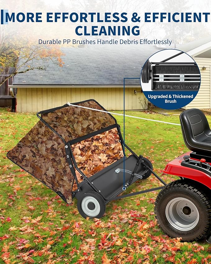 42 in Lawn Sweeper Tow Behind, Pull Behind Yard Sweeper, 21 cu. ft Large Hopper Leaf & Grass Collector, Heavy Duty Garden Sweeper with Adjustable Sweeping Height for Yard, Lawn, Farm