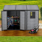 10x8 FT Resin Outdoor Storage Shed with Floor, Weather-Resistant Plastic Garden Shed with Windows, Lockable Door and Vents, Outside Tool Storage Sheds for Backyard, Garden, Lawn, Wood Grain
