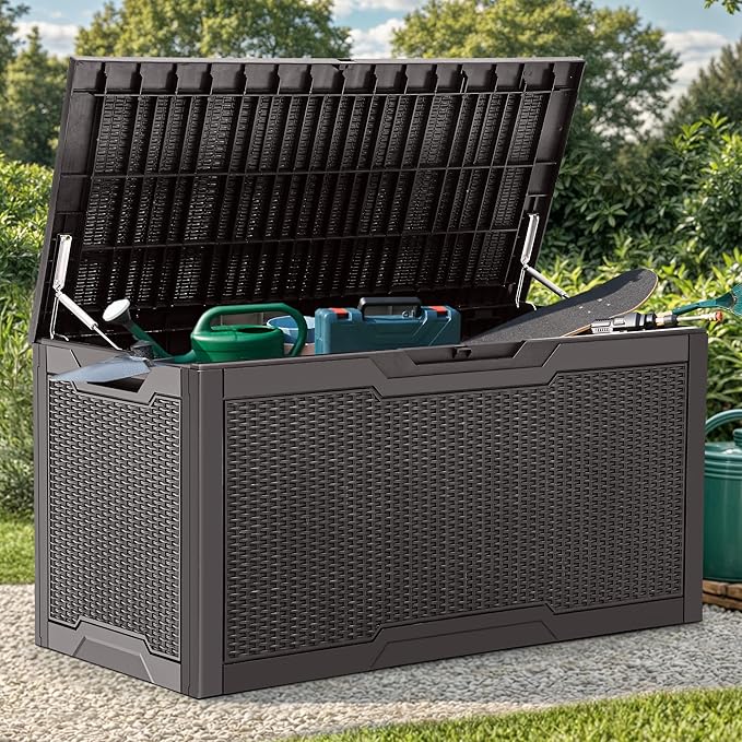 YITAHOME 100 Gallon Outdoor Storage Box, Large Water Resistant Resin Deck Box, Indoor Outdoor Lockable Storage Container for Patio, Garden, Cushions, Tools, Equipment (Dark Brown)