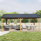 Domi 12' x 20' Hardtop Gazebo with Galvanized Steel Gable Roof, Pergola with Wood-looking Aluminum Frame, Permanent Pavilion Outdoor Gazebo with Ceiling Hook for Deck Patio Lawn Yard Backyard Grill