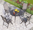 PHI VILLA 5 Piece Outdoor Patio Dining Set, 42 Inch Round Patio Table Set with 4 Adjustable High Back Folding Patio Sling Chairs, Grey