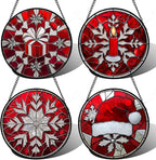 Stained Glass Window Hanging 4 Pcs Set Red Christmas Decorations Theme Large 11.8" - Suncatcher Door Garden Sun Catcher Decor Birthday for Mom Woman Nana Men Friend Wife