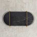 Oval Glass Coffee Table, Mid-Century Modern Design, L41 x W21 x H17 inch, for Living Room, Grey Glass Top, Black Marble Finish Wood Shelf & Gold Finish Frame