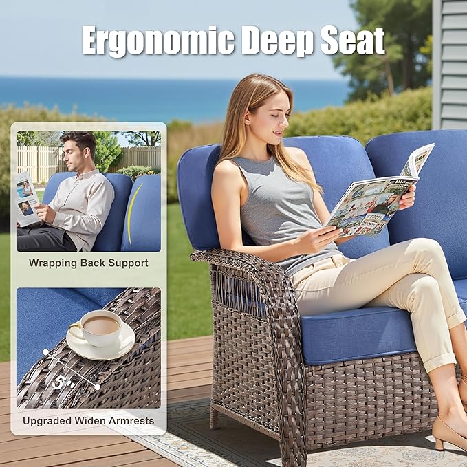 5 Pieces Patio Furniture Set Outdoor Sectional Sofa Couch with Rocking Swivel Chairs 5" Deep Seat Chairs, Modern Wicker Rattan Conversation Set, Blue/Brown Wicker