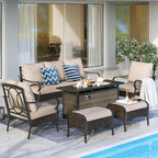 MFSTUDIO Outdoor Patio Furniture Set with 56" Fire Pit Table, 6 PCS Metal Patio Conversation Sets for 7, Patio Sectional Set with 3-Seat Sofa, 2 Ottoman, 2 Fixed Sofa Chairs, 1 Fire Pit Table