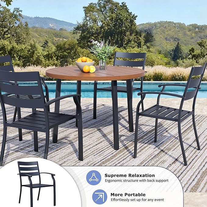 Patio Dining Chairs Set of 6, Black Stackable Outdoor Dining Chairs with Armrest and Wide Back, Wrought Iron Patio Furniture Chairs for Lawn, Backyard, Garden & Deck, Supports 300 LBS