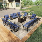 12 Pieces Modern Patio Furniture Set, All Weather Metal Outdoor Conversation Sets with Fire Pit Table for Backyard Garden Deck Porch Poolside, Blue