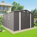 10x12 FT Outdoor Storage Shed, Large Metal Tool Shed with Peaked Roof and Lockable Door, Galvanized Steel Garden Shed with Clear Windows for Backyard Garden Patio Lawn, Gray