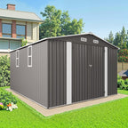 10x12 FT Outdoor Storage Shed, Large Metal Tool Shed with Peaked Roof and Lockable Door, Galvanized Steel Garden Shed with Clear Windows for Backyard Garden Patio Lawn, Gray