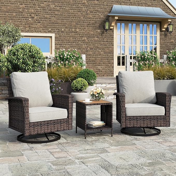 HERA'S HOUSE Outdoor Deck Furniture, High Back Wicker Patio Swivel Chairs with Rattan Table for Porch Balcony Lawn Garden, Grey