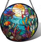 Stained Glass Window Hanging - Blue Ocean World Small Fish Coral Sun Catcher for Door Garden Home Decor Sea Suncatcher Christmas Mother's Day Birthday Gifts for Women Men Mom Nana 6.3 in