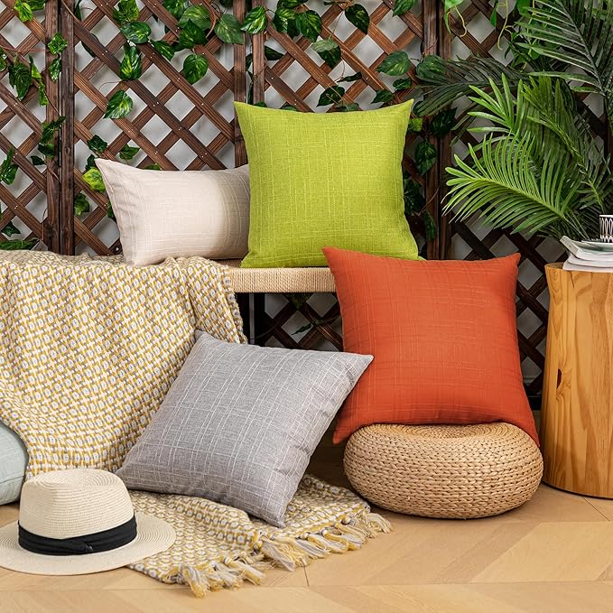 Kevin Textile Fall Outdoor Waterproof Throw Pillow Covers Decorative Farmhouse Water Resistant Checkered Cushion Covers for Tent Patio Garden Couch Sofa Pack of 2 (16x16 Inch Orange)
